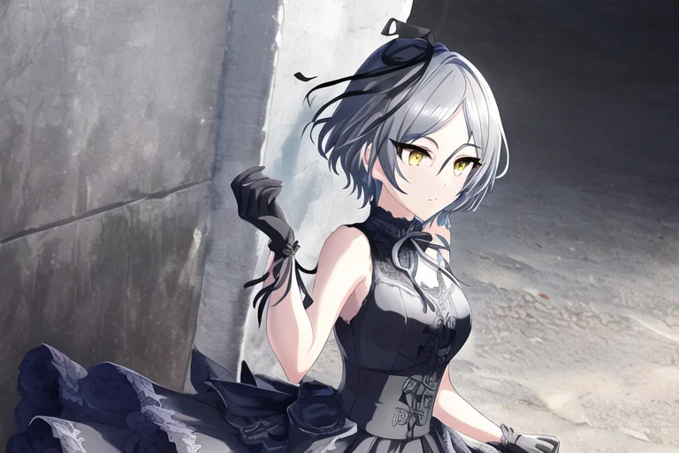 Hayami Kanade, 1girl, arm ribbon, black gloves, black ribbon, blue dress, bob cut, breasts, closed mouth, dress, from side, gloves, grey hair, medium breasts, parted bangs, ribbon, short hair, shoulder blades, sleeveless, sleeveless dress, solo, standing, underbust, yellow eyes
<lora:deresute-000016:1>