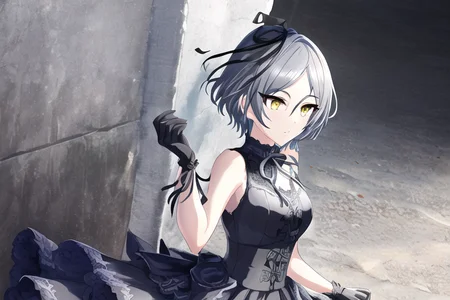 Hayami Kanade, 1girl, arm ribbon, black gloves, black ribbon, blue dress, bob cut, breasts, closed mouth, dress, from side, gloves, grey hair, medium breasts, parted bangs, ribbon, short hair, shoulder blades, sleeveless, sleeveless dress, solo, standing, underbust, yellow eyes
<lora:deresute-000016:1>