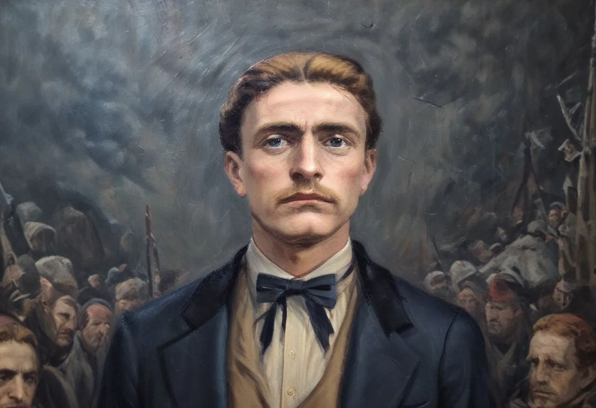 Dramatic and realistic high quality and ultra high resolution image of Vasil Levski in front of the gallows accompanied by Ottoman soldiers, correct anatomy, correct anatomy of arms and legs Vasil Levski: Tall, slender man with a beard and moustache. Dressed in dark clothing, draped with (the yamurluk is a thick woolen outer garment) a folk costume to protect against the cold and rain characteristic of the era (1860s). He radiates courage and determination, but at the same time he is aware of his destiny. hand and foot shackles. (The gallows): (A wooden structure erected in a field near Sofia.) A crowd of people has gathered around it, watching in silence. Their faces are sad, dejected. Some of them may cry or mumble. In the background you can see churches, mosques or other buildings from the era. the landscape is dramatic, sad, hard winter, cold weather, snow, blizzard, the sun is setting, casting long shadows. a heavenly ray of light through the clouds falls on Levski, symbolizing his faith and martyrdom. A mountain or other symbol of freedom must be visible behind the gallows. wolves in the distance, children crying, resistance