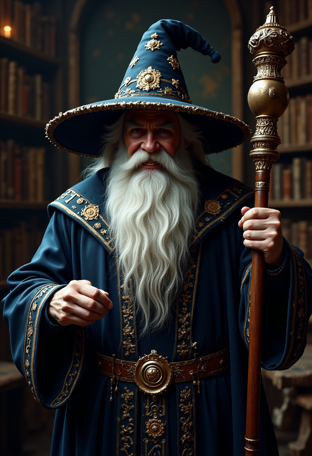 Mustrum Ridcully, broad-shouldered, imposing, rugged face, jovial expression with a hint of ferocity, thick bushy eyebrows, grizzled beard, grand wizard robes in rich dark blue and gold trim, embellished with intricate magical symbols, wide-brimmed wizard hat, holding a heavy ornate staff, outdoorsy vibe, a blend of wisdom and stubbornness, exudes confidence, humorous authority, grand study background with ancient books, magical artifacts, cozy cluttered atmosphere