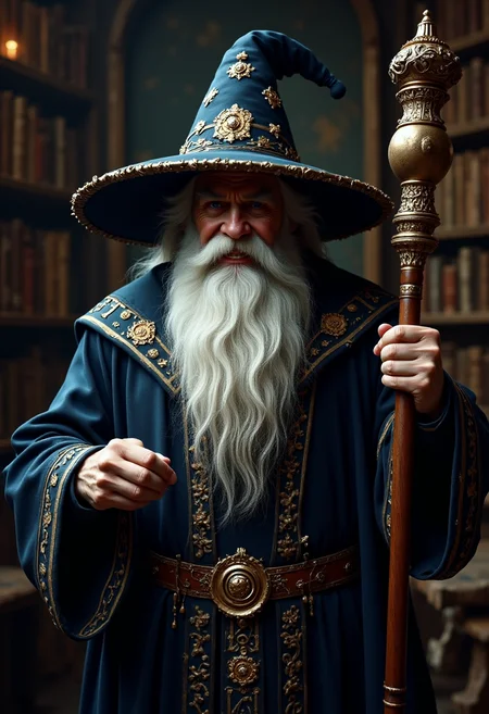 Mustrum Ridcully, broad-shouldered, imposing, rugged face, jovial expression with a hint of ferocity, thick bushy eyebrows, grizzled beard, grand wizard robes in rich dark blue and gold trim, embellished with intricate magical symbols, wide-brimmed wizard hat, holding a heavy ornate staff, outdoorsy vibe, a blend of wisdom and stubbornness, exudes confidence, humorous authority, grand study background with ancient books, magical artifacts, cozy cluttered atmosphere
