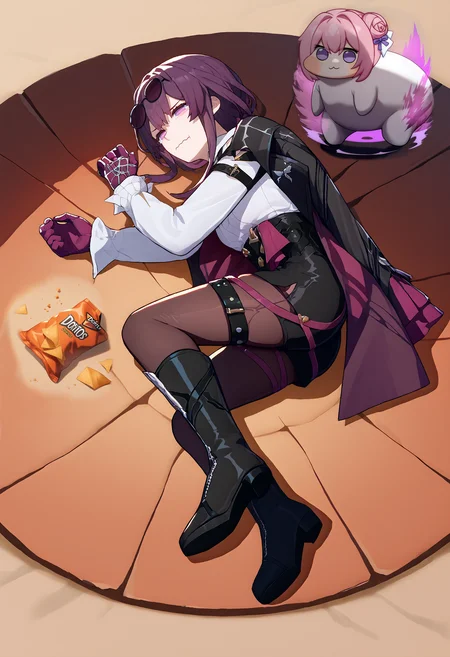 <lora:kafka_hsr_xypher_pdxl_v1:0.9> score_9, score_8_up, score_7_up BREAK source_anime, kafka, no pupils, eyewear on head, collared shirt, jacket on shoulders, purple gloves, high-waist shorts, pantyhose under shorts, thigh straps, asymmetrical legwear, black boots, <lora:meme_yamchapose_ponyXL:0.8> yamchapose, lying, on side, crater,<lora:concept_aquacrying_ponyXL:1> aquacrying, wavy mouth, closed mouth, tearing up
BREAK
score_9, score_8_up, score_7_up BREAK source_anime,  <lora:Doro_X_PDXL_V1:1> doro, \:3, chibi, pink hair, purple eyes, single side bun, hair bow, no humans, white skin, solid circle eyes, no pupils, [fat, obese::0.2], leaning forward, standing, full body, <lora:DBKiCharge_XLPD:1.2> (Ki Charge, aura, purple aura:1.2), simple background