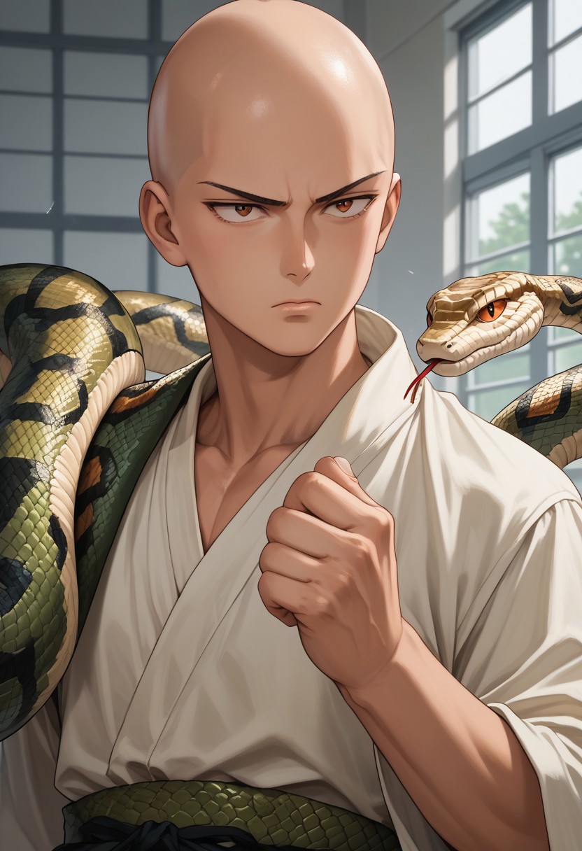 score_9,score_8_up,score_7_up,score_6_up,score_5_up,source_anime,1man, saitama, bald, brown eyes 30yo, standing, one hand ready to strike , clenched fist, bored, snake, snake on shoulders,