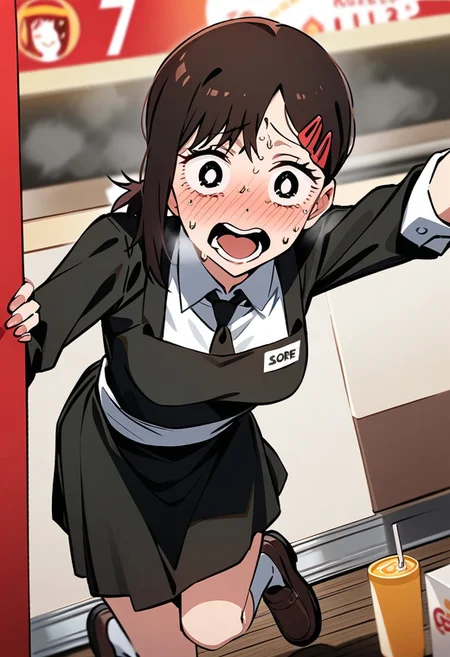score_9, score_8_up, score_7_up, (1girl, Higashiyama_Kobeni, tripping, nervous wreck, sweat, waitress, fast food restaurant), (masterpiece: 1.2)
