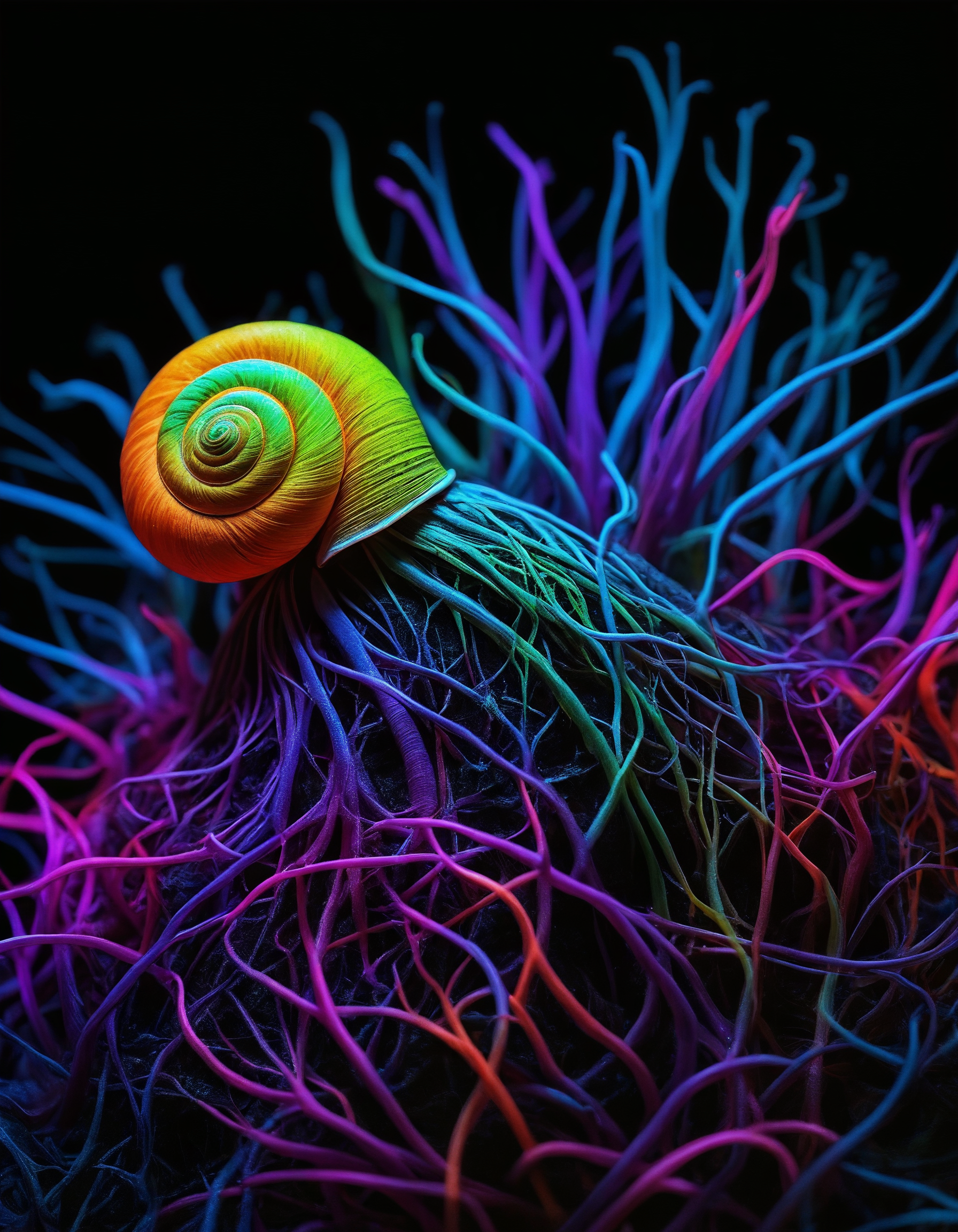 super realistic neon color snail roots flow, colors contrast, sharp focus and highly detailed artistic nature photography, best quality, dim light, <lora:fenn_neoncolor:0.6000000000000001>