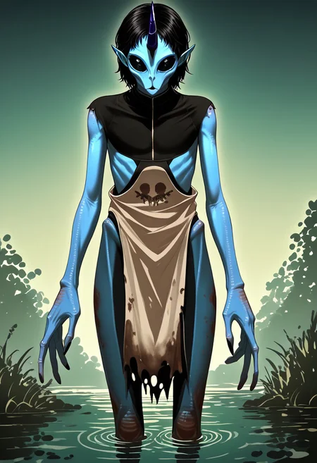((Alien humanoid)),
((Alien species)), solo, androgynous, aquatic features
blue skin, ((webbed hands)):1.4,
((No nose)):1.3, ((nostrils only, nostril slits, vertical nasal slits, narrow nostrils)):1.5, ((narrow eyes)), ((black sclera, black irises)), smooth skin, pointy ears, small ears, tiny ears, holes in skin, forehead horn, short horn, veiny horn, ((single horn)):1.0, ((4 fingers)), fingernails, thin lips, ((black hair)), ((short hair, spiky hair)), sharp teeth, digitigrade legs, bent legs,
full body shot
ragged clothes, muddy clothes, loincloth, tunic, dirty
Medieval style, fantasy style,
((Variety)):1.2
((dutch angle, 3/4 view))
river background
fully clothed, loose clothing, clean lines, smooth colors, detailed fingers, sfw, source: realistic, rating: pg, score: 8 up, score: 9