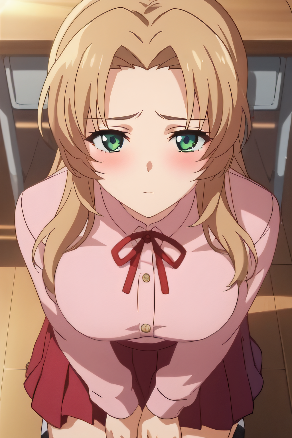 score_9, score_8_up, score_7_up, source_anime, rating_safe, intricate details, anime screencap, official style, 1girl, solo, <lora:PONY_Misaki_Torare:1>, misaki, long hair, light brown hair, green eyes, school uniform, pink shirt, long sleeves, red ribbon, large breasts, red skirt, pleated skirt, looking at viewer, indoor, classroom, sad expression, from above, kneeling, blush, embarrased, looking away