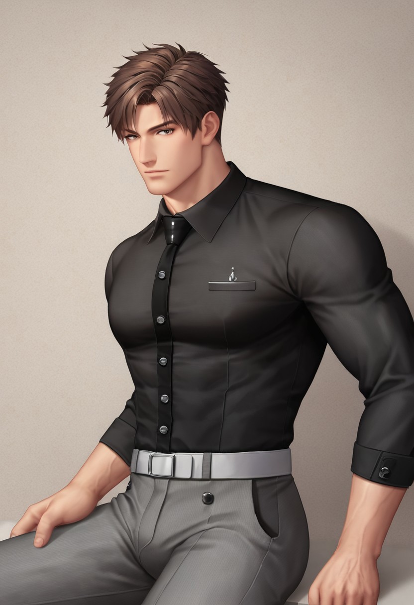 score_9, Artist7p, solo, short hair, brown hair, daddy, hair, handsome, suit, black shirt, male focus, style