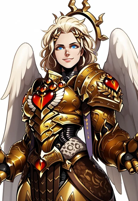 Score_9, score_8_up, score_7_up, score_6_up, score_5_up, score_4_up, 1girl, solo, SanguinaXL, blonde hair, blue eyes, breasts, angel wings, white wings, laurel crown, golden armor, shoulder armor, gauntlets, standing, smile, simple background, white background