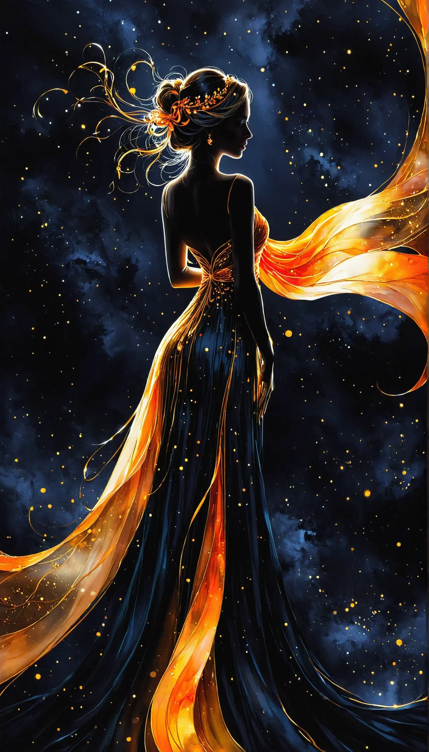 Silhouette Art, breathtaking ((realistic   faetastic artxldnclmntl  beauty of charm  extravaganza alcohol ink sketch)). (dark night dramatic hues  and fine glowing vibrant orange accent and shiny [gold curves and lines intricately intertwined ] color scheme:1.02). glossy. wonderful vivid silk ribbons flowing elegantly 
<lora:InkArtXL_1.2:0.4>  <lora:artfullyDANCELEMENTS_SDXL_V1:0.4>  <lora:FaeTastic:0.4>