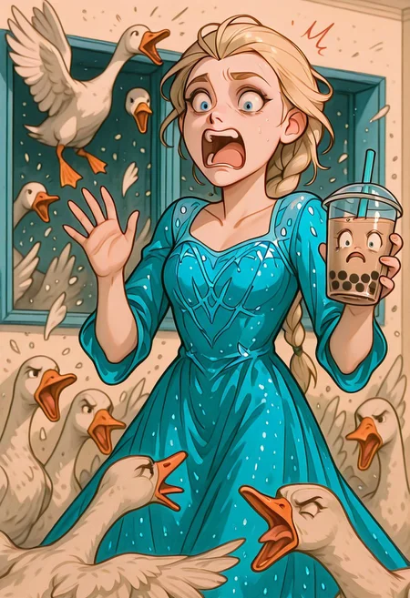 embedding:IllusP0s, (artist:moriimee:1.2), 1girl, Elsa, /Frozen/, blue dress, single blonde braid, bubble tea, surprised, holding, screaming, goose ambush, 6+ geese, matsuri background,