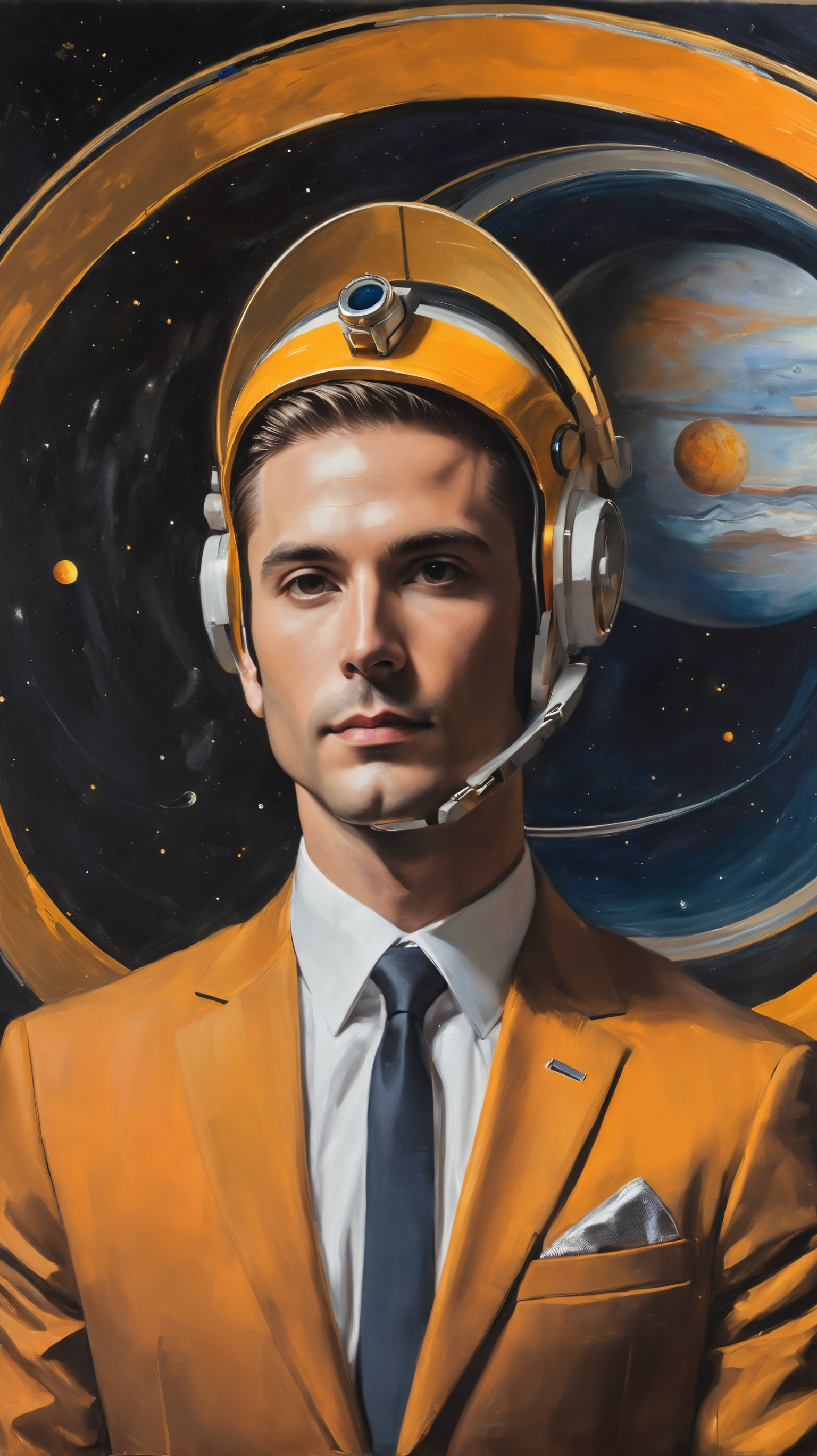 a man in a suit with a Saturn instead of his head, a surrealist painting, by Eglon van der Neer, unsplash, artwork in the style of guweiz, suit and tie, head and waist potrait, without eyes, with a big head, faceless people, head as a planet, professional profile picture, orange halo, realistic photo