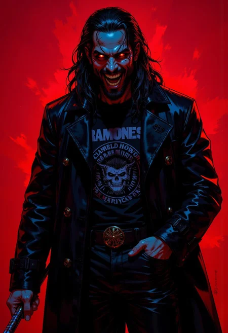 noir style lighting, desaturated subject, a man with long dark hair, standing a guard holding a sword, his three eyes are all glowing red, he is wearing a black leather trench coat, a black "Ramones" t-shirt and black leather pants, simple background, red background, noir style high contrast two color lighting, neon red directional light, blue contrast light, open smiling, showing mouthful of fangs, Hand, Perfect hand
