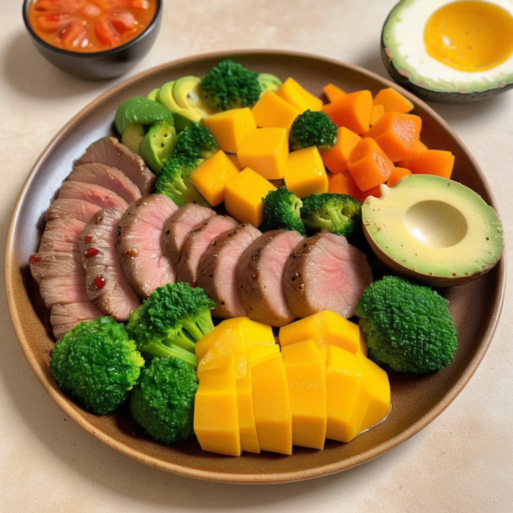 avocado,Generate a realistic photo of a neatly arranged, healthy fitness meal, consisting of a generous portion of meat, slices of mango, and a variety of vegetables. The ingredients should be displayed in an organized manner on the plate, emphasizing the harmony of colors and textures. The meat should be succulent and well-seasoned, but without any black pepper. Vegetables should add a fresh and vibrant green to the composition, creating a visually appealing contrast with the yellow of the mango and the rich color of the meat. The presentation is key, with each component of the meal having its distinct place on the plate, showcasing a balance of nutrition and aesthetics, <lora:fitfood:0.8>,fitfood