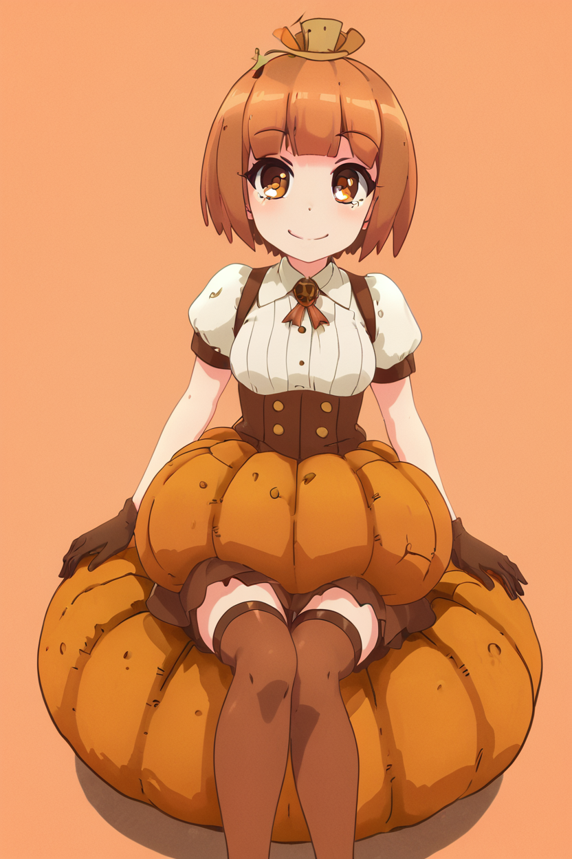 score_9, score_8_up, score_8, medium breasts, (curvy), cute, eyelashes,       BREAK, , ,,, zzPmpknGrl, brown eyes, short hair, brown hair, blunt bangs,  gloves, thighhighs, short sleeves, jack-o'-lantern, pumpkin, shirt, sitting, white shirt, <lora:PumpkinGirl_Masashi_PDXL:0.8>,   ,,, , BREAK, smile, looking at viewer, cowboy shot, ,,, embedding:zPDXL, Expressiveh, ,,, <lora:PrismaIllya_PDXL_v3:1.0>, <lora:SDXLFaeTastic2400:0.5>, <lora:Expressive_H-000001:0.4>,