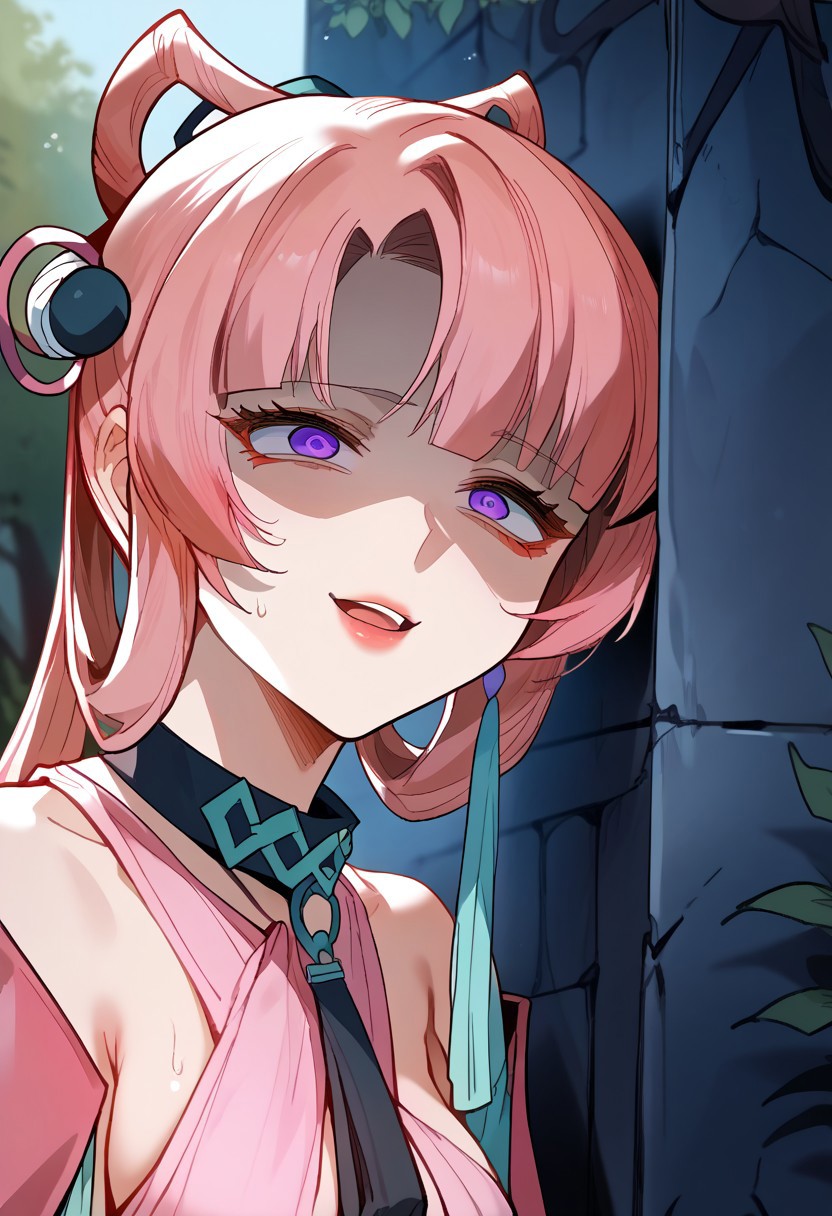 zPDXL3, score_9_up, score_8_up, score_7_up, (Anime_source), 1girl, CenXinger, purple eyes, pink hair, long hair, updo hair, headgear, peeking out, upper body, hiding behind wall / tree / etc, naughty face, in heat, shaded face, crazy eyes, sweat, sweatdrop, cracked wall