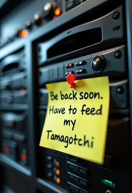 close up of a Server with a sticky note that says "Be back soon. Have to feed my Tamagotchi"