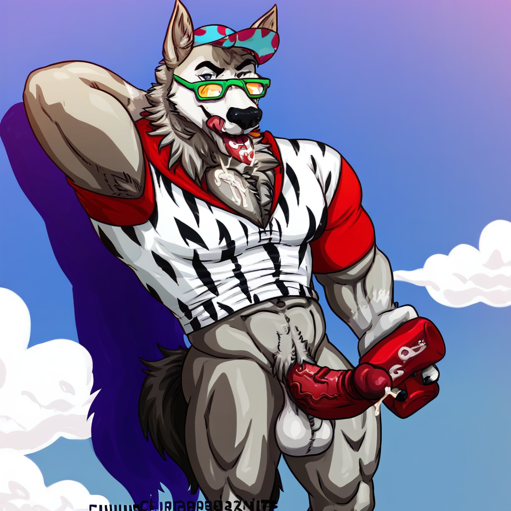 holding shampoo bottle, shirtless, clouds, lowering sun glasses, male, chumbasket art style, grey background, veiny penis, shirt pulled up some, k9 hand, presenting neck, cum strands, Shadow on the wall, pectoral veins, Tongue out, looking at viewer, human genitals, standing, cum, toned muscular legs, presenting abs to viewer, manly chest outline on shirt, tail up, presenting penis, ripping shirt, detailed abs, Bara, muscular neck, arm behind head, bed, shirt pulled over chest, zebra print, penis out