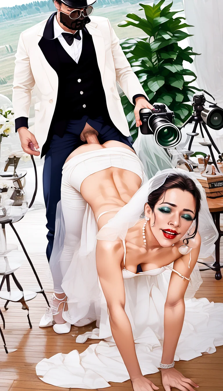score_9,score_8_up,score_7_up,(women wearing wedding dress),score_9,score_8_up,score_7_up,(((realistic))),(women wearing wedding dress),,. This is a high-resolution photograph featuring a bride standing on a wooden deck overlooking a serene lake with a blurred,greenish landscape in the background. The bride,with a light brown complexion and long,dark hair styled in an elegant updo,wears a form-fitting,white wedding dress with a sweetheart neckline and spaghetti straps. Her gown features a fitted bodice and a voluminous,floor-length skirt that flares out slightly,creating a graceful,flowing effect. She also wears a long,white veil that cascades down her back,adding a touch of traditional elegance to her ensemble. Her makeup is meticulously done,with bold red lipstick and subtle eye makeup.,
In the foreground,to the right,there is a small,round wooden table with a black metal base. On the table are various decorative items,including a small glass bottle,a silver compact mirror,and a small decorative box. The table also holds a pair of white high-heeled shoes with fluffy,white pom-poms on the toes. The background features a large,round,transparent dome,possibly a camera or lighting equipment,adding an artistic touch to the scene. The overall ambiance is serene and romantic,with the natural setting complementing the bride's elegantdoggystyle anal,((((sex from behind)))),(((doggystyle))),1boy,,(((doggystyle-facing-viewer))),top-down bottom-up,((sex from behind)),r,doggystyle anal,((((sex from behind)))),(((doggystyle))),1boy,,(((doggystyle-facing-viewer))),top-down bottom-up,((sex from behind)),standing,<lora:Wedding dress - PONY&XL V1:1>,<lora:doggystyle facing viewer xl:0.8>,<lora:doggystyle facing viewer xl:0.8>