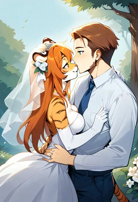 score_9, score_8_up, score_7_up,  source_furry, 1boy, 1girl,
1girl, t1a, furry, ginger hair, red eyes, wedding dress,
1boy, 43r0n, brown hair, blue eyes,,
happy, kissing, golden ring, ring finger, ring on finger, outside, cliff edge, wedding scene, flower arch, furry female, human male,