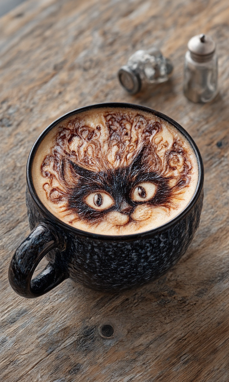 high-resolution photograph featuring a meticulously crafted latte art design on a large, black ceramic mug. The latte art depicts a whimsical and detailed illustration of a black cat's face with large, expressive eyes, surrounded by intricate, swirling patterns that resemble smoke or ink. The cat's eyes are particularly striking, with a hypnotic gaze that adds to the surreal quality of the image. The mug itself is decorated with a textured, speckled design, enhancing its rustic charm. The background is a wooden table with a rustic, weathered texture, adding to the cozy, vintage aesthetic of the setting. To the right of the mug, there are two small, metallic salt and pepper shakers, adding a touch of modern contrast to the rustic elements. The overall color palette is warm, with earthy tones from the wood and the latte's creamy surface, complemented by the dark, almost midnight blue of the mug. The lighting is soft, likely natural, casting gentle shadows that enhance the texture and depth of the image. The photograph captures a moment of artistic creativity and cozy comfort, blending the practicality of a beverage with the imaginative flair of latte art., aidmaimageupgrader, aidmamj6.1,