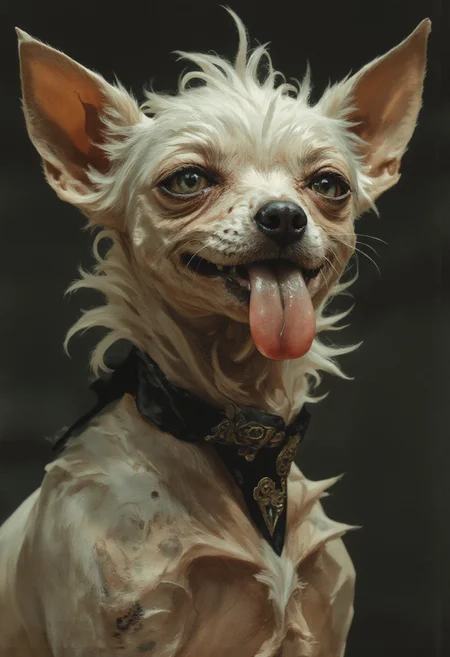 4qu4, a highly detailed digital illustration in a fantasy style, featuring a close-up of a hairless chihuahua with a long tongue sticking out and slobbery drool.  The dog is ugly but cute