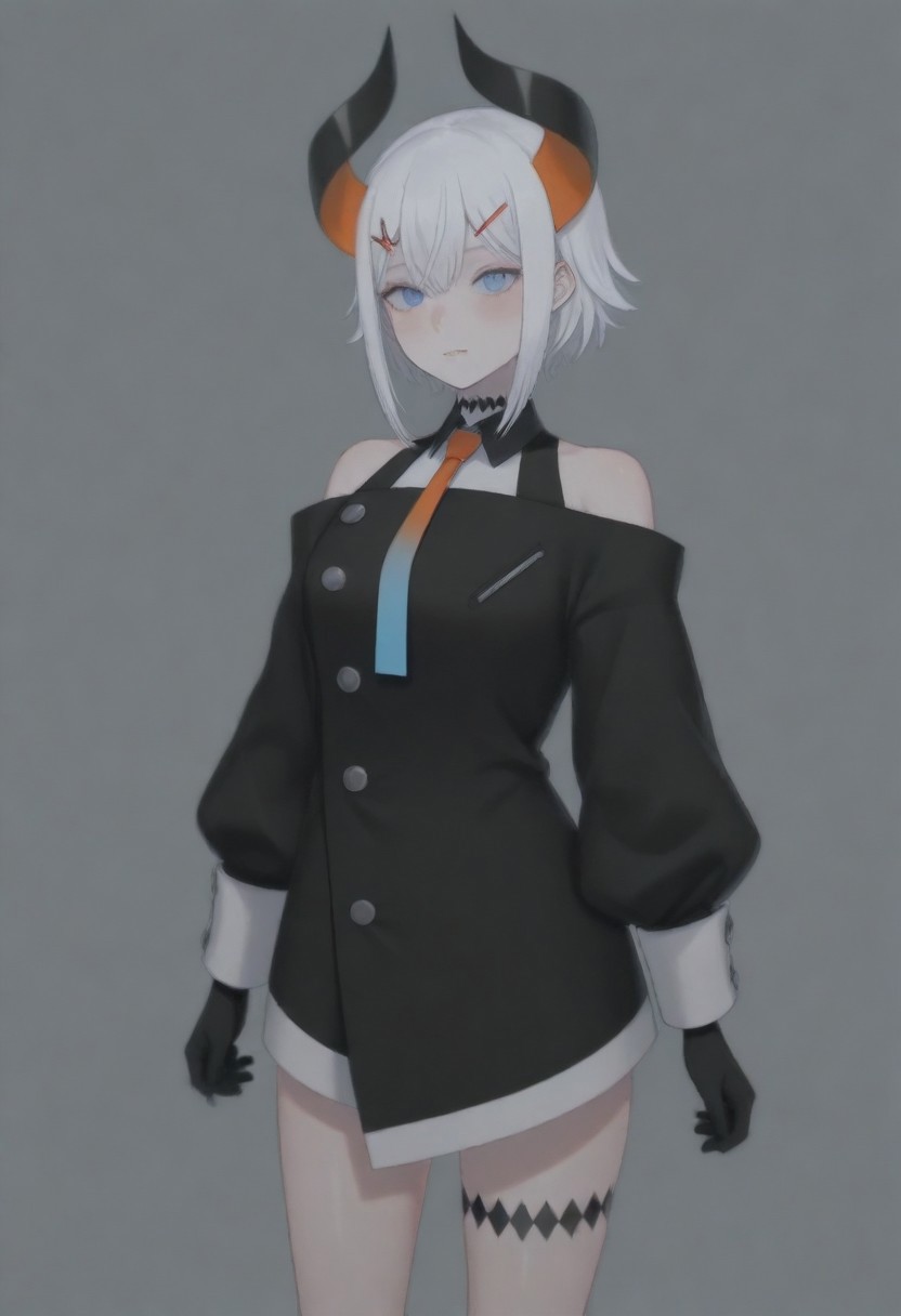 masterpiece, best quality, amazing quality,,, shiny skin,,,,,,,,nijilevi,,blue eyes,white hair,horn,pail skin,short hair,hairclip,nijilevicos,collared shirt,bare shoulder,gradient necktie,puffy long sleeves,white cuffs,black gloves,single thigh strap,
