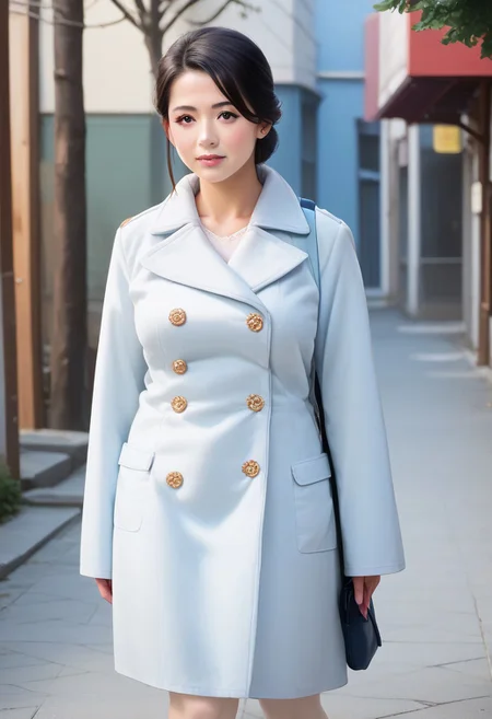 score_9, score_8_up, score_7_up, 35mm photography, highly detailed, sharp focus, source_anime, 1milf,mature  asia housewife, solo，(light blue long coat),Bare knees ,low updo, black hair,(beautiful face), beautiful eyes,eye-shadow,Long eyelashes， perfect cute face, plump face,Round cheeks, dignified，mild ，Long legged，sole，standing,  (satchel)， Street，tree，