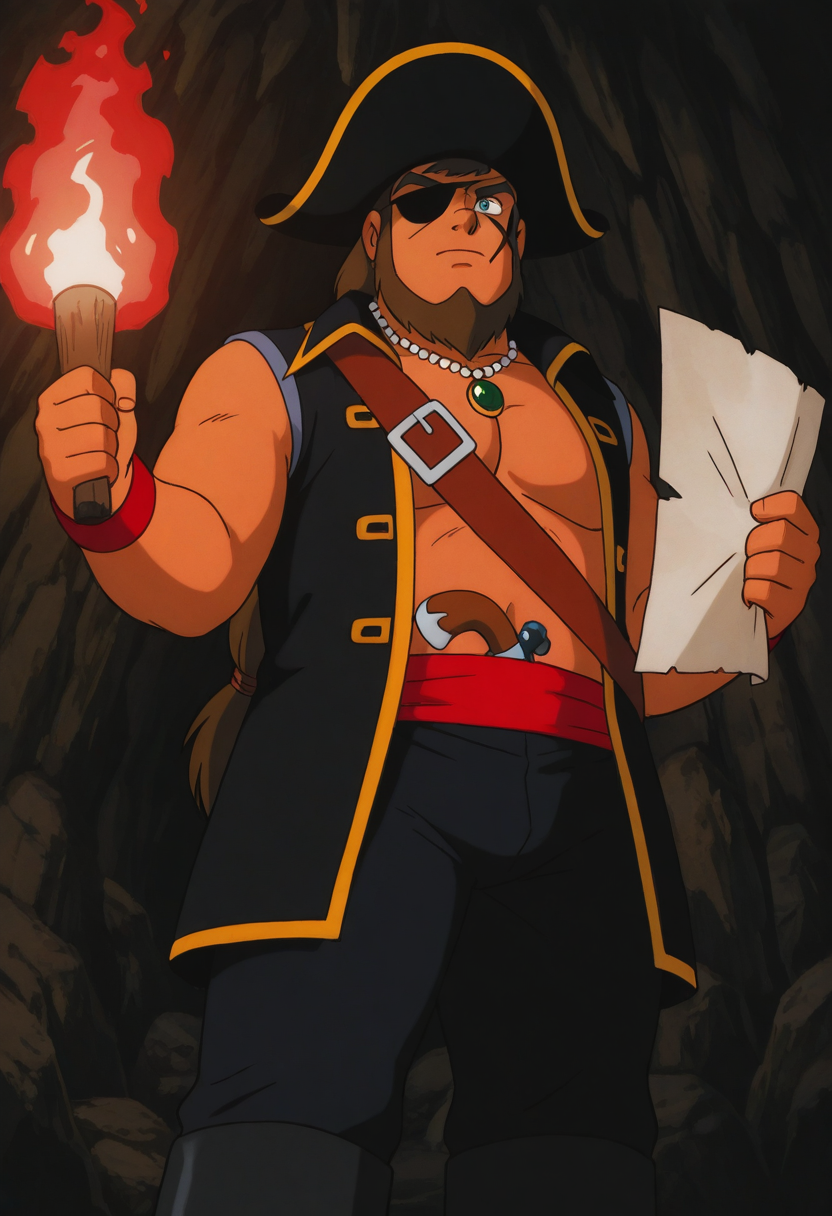 1boy, standing, cowboy shot,
BREAK
captainkidd, retro artstyle, mature male, dark skin, brown hair, long hair, ponytail, long sideburns, beard, eyepatch, scar on face, blue eyes, thick eyebrows, plump,
BREAK
pirate, pirate hat, bead necklace, green gem pendant, sleeveless, black waistcoat, shoulder strap, yellow trim, open clothes, red sash, red wristband, black pants, black footwear, topless,
BREAK
thick arms, large pectorals, thick thighs, holding map, from below, holding torch, cave,
BREAK
best quality, masterpiece, very aesthetic, absurdres, highest detailed, very awa, <lora:Captain_Kidd_from_Doraemon_Nobitas_Great_Adventure_in_the_South_Seas_v1.0:1>
