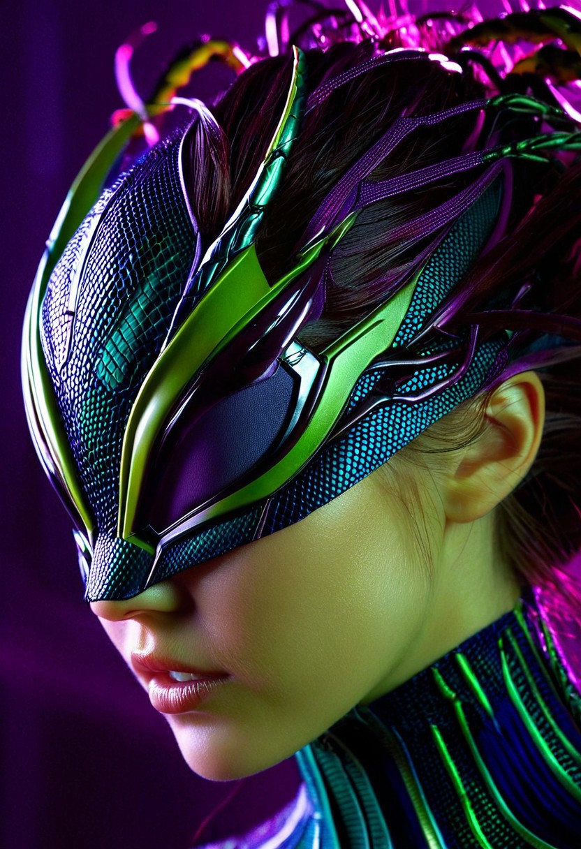 A young woman, hyper-realistic, with intricate, eerie Venom-inspired Vespid attire, adorned with dark, metallic accents and eerie, pulsing green undertones, set against a muted, high-contrast background, with soft, cinematic lighting casting deep shadows, emphasizing her determined expression, in a tight, close-up crop, with a shallow depth of field, blurring the edges of her dark, wispy hair.