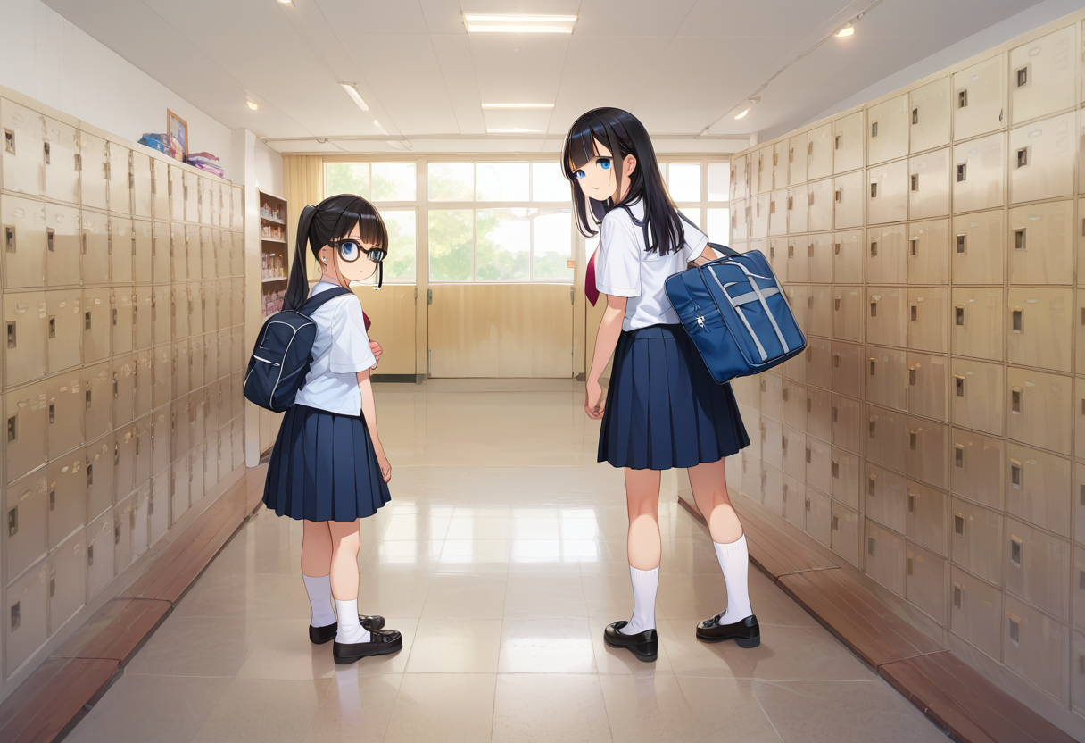 score_9, score_8_up, score_7_up, rating_safe, masterpiece, best quality, absurdres, unity 8k wallpaper, official art, official style, source_anime, uncensored, game cg, megami magazine,
multiple girls, glasses, black hair, long hair, blue eyes, collared shirt, red necktie, pleated skirt, blue skirt, socks, shoes, school bag,
getabako, locker, indoors, school, sunoko, 
 <lora:gakkou_getabako_PONY_V1:1>