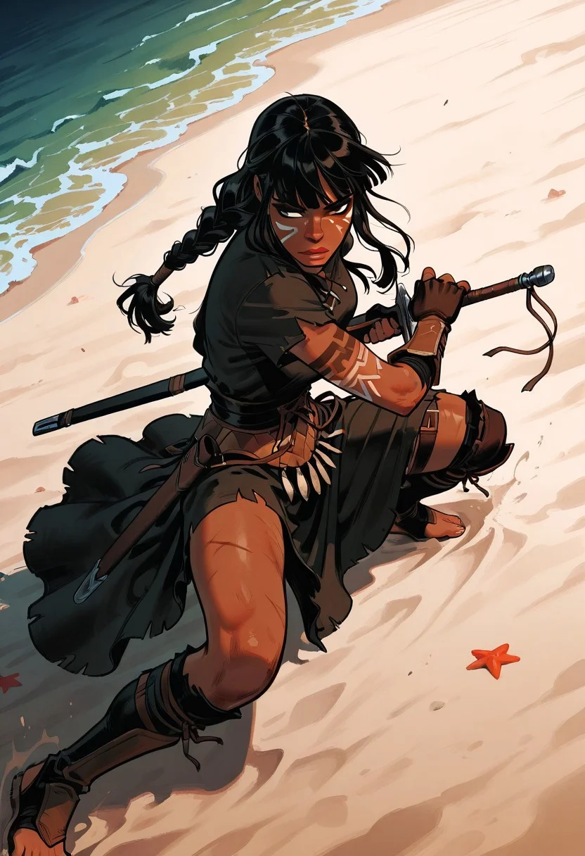 score_9, score_8_up, score_7_up, masterpiece, best quality, 1girl, incoth, (incase:0.6), (dynamic:1), stylized, detailed face, face_paint, freckles, illustration, black straight hair, braid, long hair, tribal jewelry, dark skin, tribal arm tattoo, armored dress, (scars), beach background, weapon, greatsword, holding sword,  sheathed,  scabbard, dutch_angle, action, fighting stance, kinetic lines