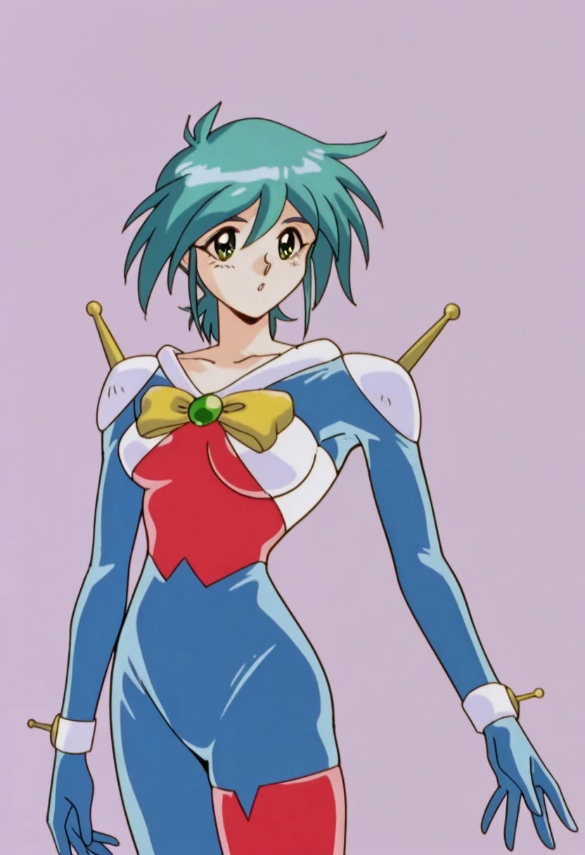 2gallenby, green eyes, pilot suit, chest jewel, bow, wrist cuffs, shoulder armor, asymmetrical legwear, cowboy shot, retro artstyle,