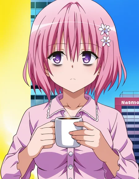 colorful, 1girl, solo, detailed background,  <lora:momodevilvXLPonyV1:0.7>, momodevil, To Love-ru, momo velia deviluke, bob cut, short hair, pink hair, purple eyes, medium breasts, bright colors, pastel, bright pink hair, hair flower, tired, looking away, standing, holding coffee mug, bags under eyes, pajamas, outdoors, city, fire, debris