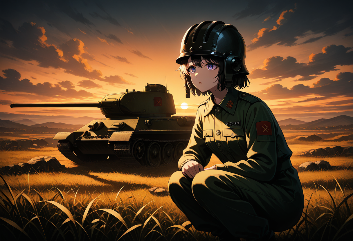 Graphic Design, color art, vibrant colors, colorful, intricate details, high contrast, detailed background, beautiful detailed, beautiful face, detailed eyes, detailed face, newest, new, 1girl, solo, cowboy shot, squatting, military outfit, jumpsuit, tank helmet, t3485, tank, military vehicle, battlefield, evening, sunset, cloudy, cinematic lighting, dark, 