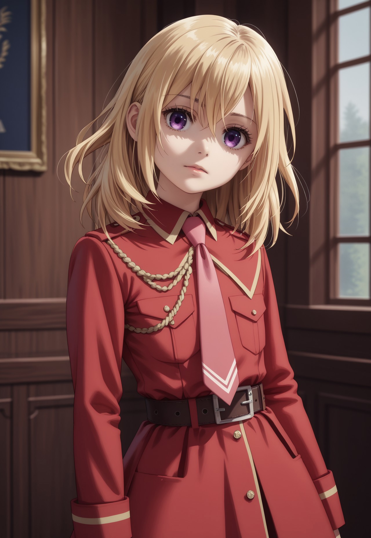 safe_pos, score_9, score_8_up, score_7_up, ((( highly detailed, masterpiece, perfect, detailed, hd)))
,
((Jilcermb, blonde hair, medium hair, purple eyes ))
,
((( 1girl, solo, posing for viewer, head tilt)))
,
((( Standing, looking on viewer, )))
,
((( uniform, military uniform, red uniform, necktie, pink necktie, belt, pantyhose, black pantyhose, skirt, hair between eyes ))) 
,
((( Best view, 3/4 body view)))
,
(( indoors ))
,
((( )))
,
()