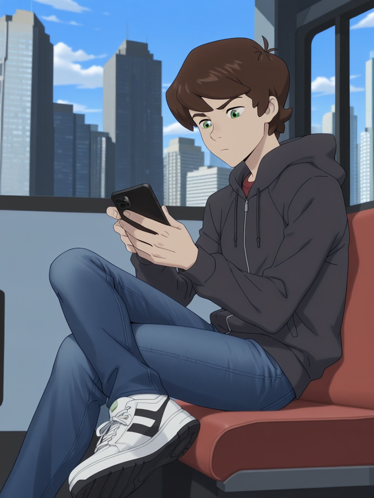 score_9, score_8_up, score_7_up, Masterpiece, Best Quality, high quality cg, 1boy, Peter Parker, green eyes, solo male, male focus,  wearing sneakers, riding on bus, sitting, crossed legs bored, holding phone, looking at phone,  wearing jeans, wearing hoodie, hood down, over jacket, cityscape, <lora:Peter_Parker-000056:0.8>,