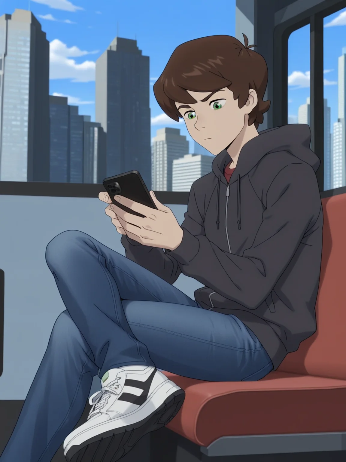 score_9, score_8_up, score_7_up, Masterpiece, Best Quality, high quality cg, 1boy, Peter Parker, green eyes, solo male, male focus,  wearing sneakers, riding on bus, sitting, crossed legs bored, holding phone, looking at phone,  wearing jeans, wearing hoodie, hood down, over jacket, cityscape, <lora:Peter_Parker-000056:0.8>,