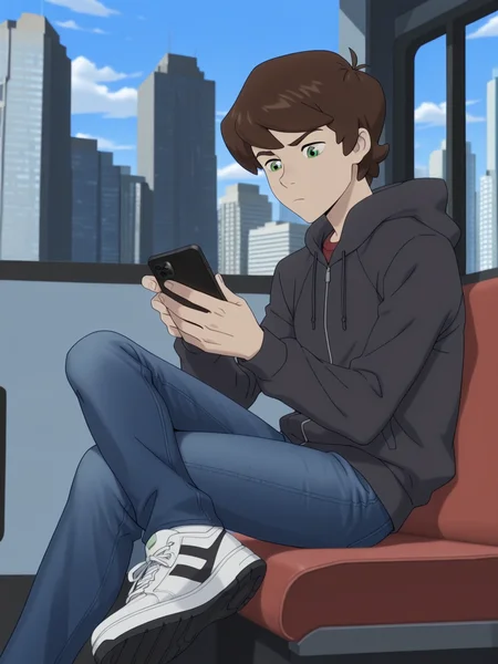 score_9, score_8_up, score_7_up, Masterpiece, Best Quality, high quality cg, 1boy, Peter Parker, green eyes, solo male, male focus, wearing sneakers, riding on bus, sitting, crossed legs bored, holding phone, looking at phone, wearing jeans, wearing hoodie, hood down, over jacket, cityscape, <lora:Peter_Parker-000056:0.8>,