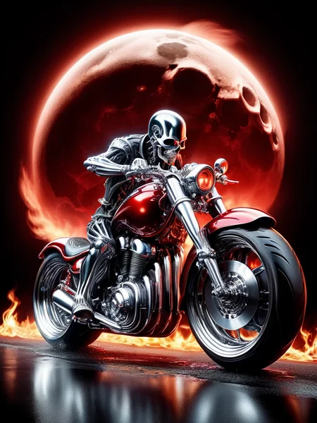 ral-chrome, motorcycle, with red hot exhaust, skeleton with chrome gear riding the bike, burnout with flames on the road, at night, red full moon background <lora:ral-chrome-sdxl:1>