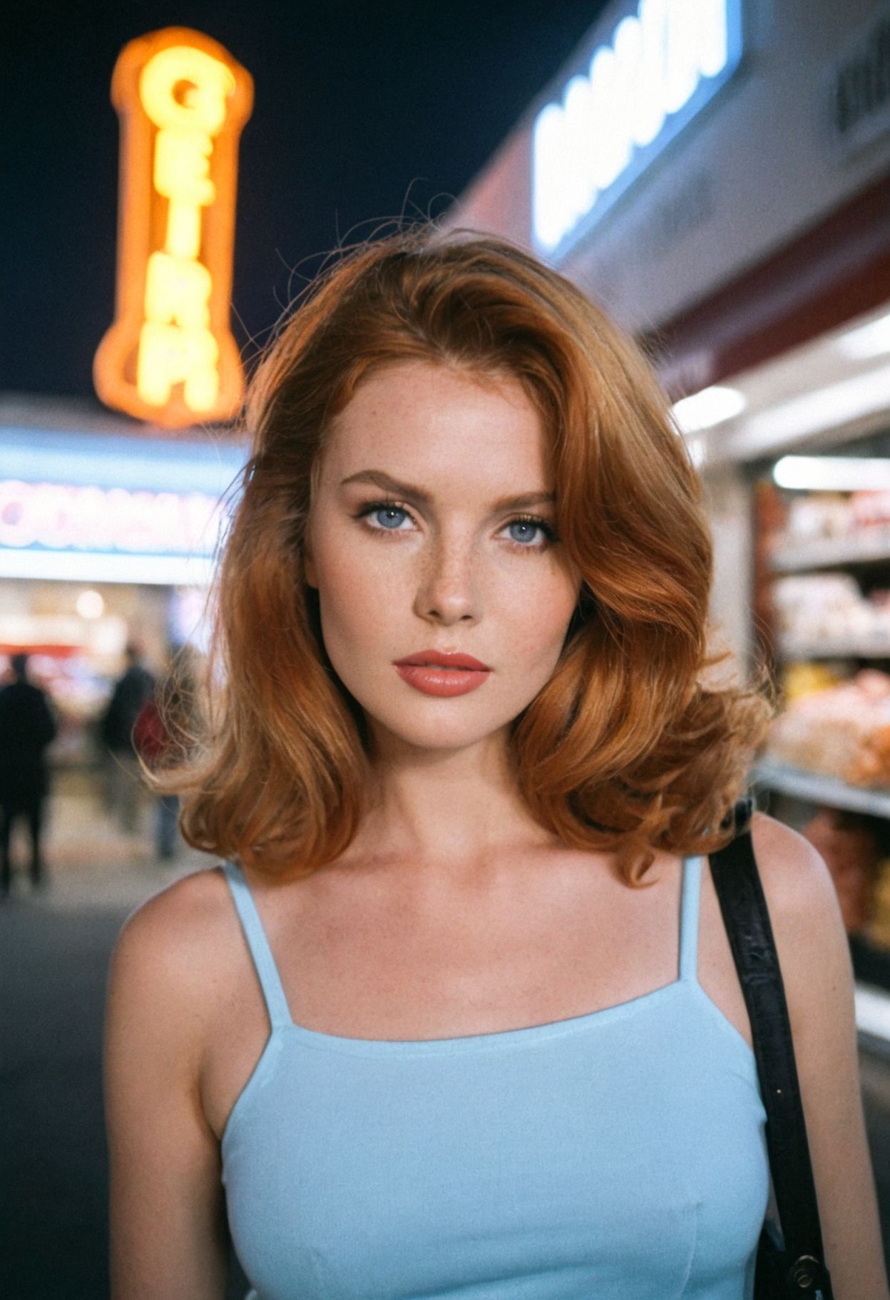 ((CinematicPortrait analog photo)) ginger woman outdoors, blue eyes, (glossy  lipstick), (nighttime shop neon sign), ((soft focus, depth of field, film grain, looking at viewer)) <lora:CinematicPortraitXL_v3:0.65>