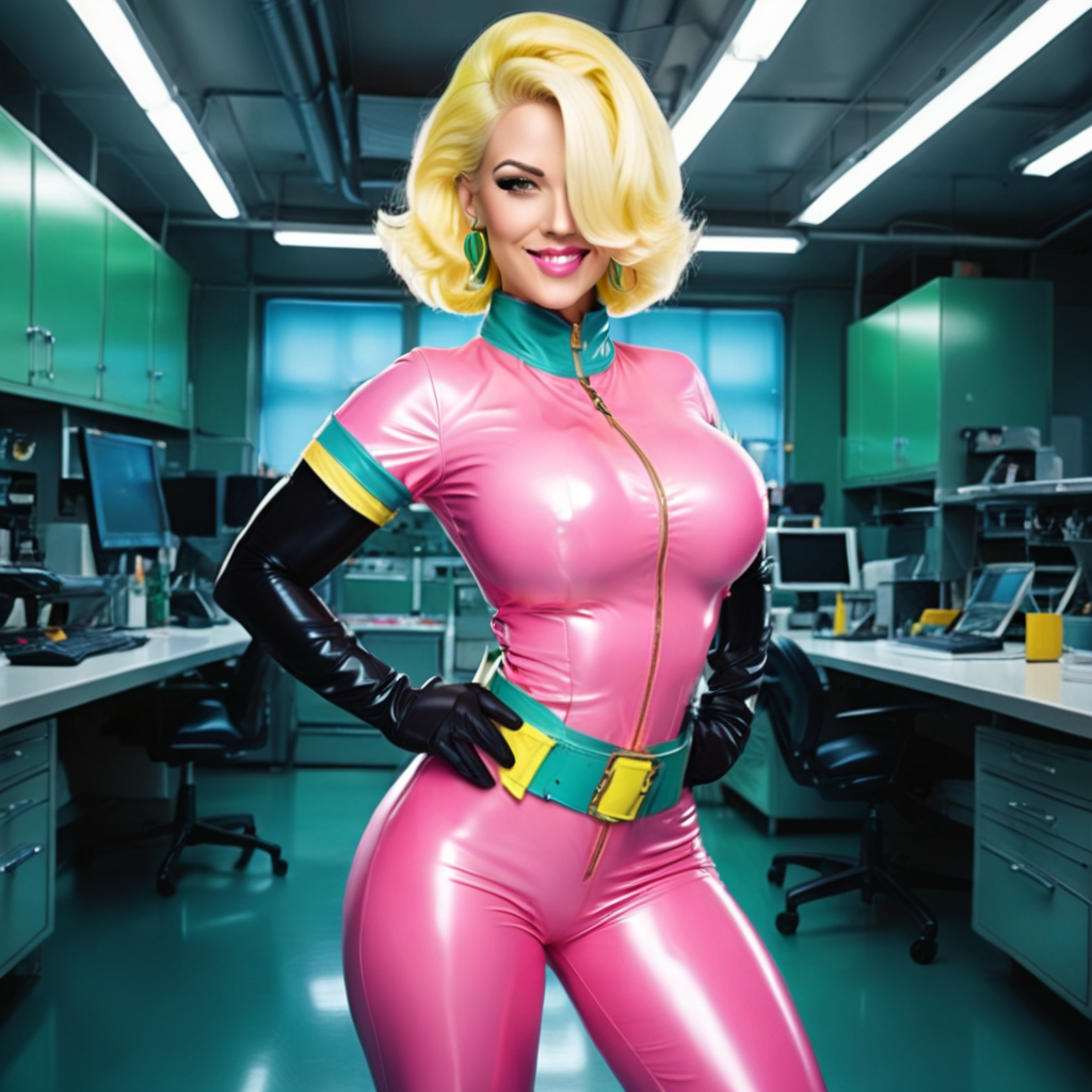 doctorblight, standing in the laboratory, (computers in background), sexy woman, realistic, smooth, high details, masterpiece, 4k, smile, (blonde hair), (blonde hair with a white streak), (pink lips), (green eyes), sexy, cute, woman, girl, (thick body), (big breasts), (pink jumpsuit), (tight pink jumpsuit with yellow elements), (turquoise collar), (yellow zipper), (turquoise belt with yellow buckles), (long black gloves), (high black high heeled boots), (confident), (black eyebrows), (short sleeve top), (turquoise seams), (hair over one eye), (green earrings), (skin tight pink jumpsuit)