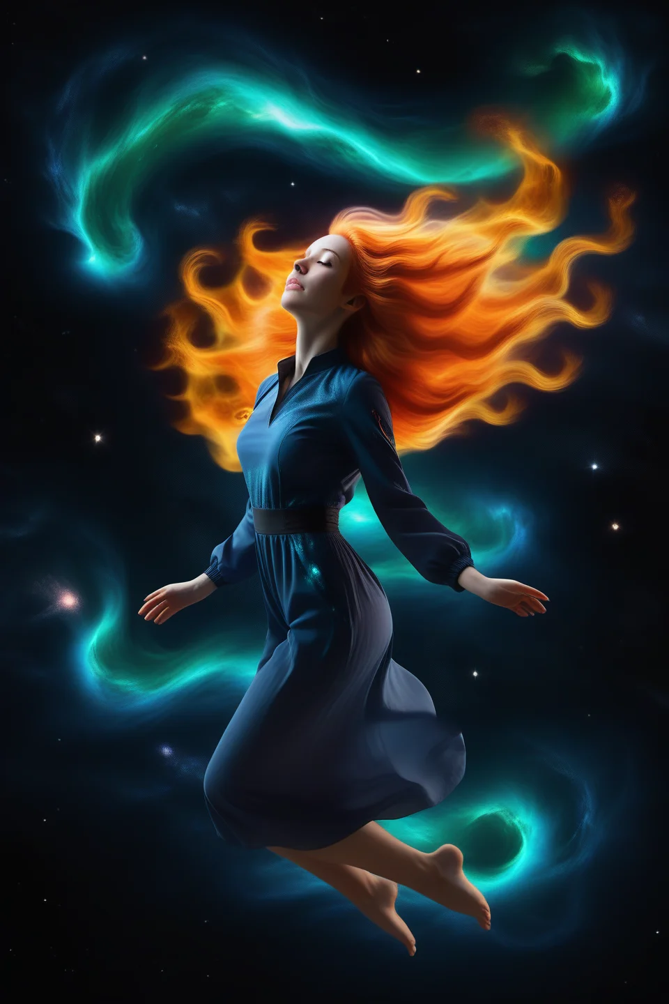 artistic picture of a woman floating in space, long flowing hair, calm, nebula, galaxy, Feuerhaare, glowing hair, flaming hair, <lora:Feuerhaare_lora_sdxl:0.9>