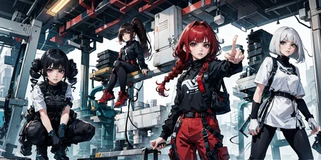 girl,  black hair, squatting,  (mega twin drills) <lora:n15g_aio_hairstyles-1.0:0.85> (hime style) ,  <lora:urbansamuraiv3testing:0.8> techwear jacket, black gloves, tactical vest, with buckle and tape 
BREAK
girl, blonde hair, sitting , front, looking at viewer, brown hair, (mega side ponytail), 
BREAK
girl, red hair, standing, pointing,  (single braid), 
BREAK
girl white hair, standing, , standing, (sliced bob),