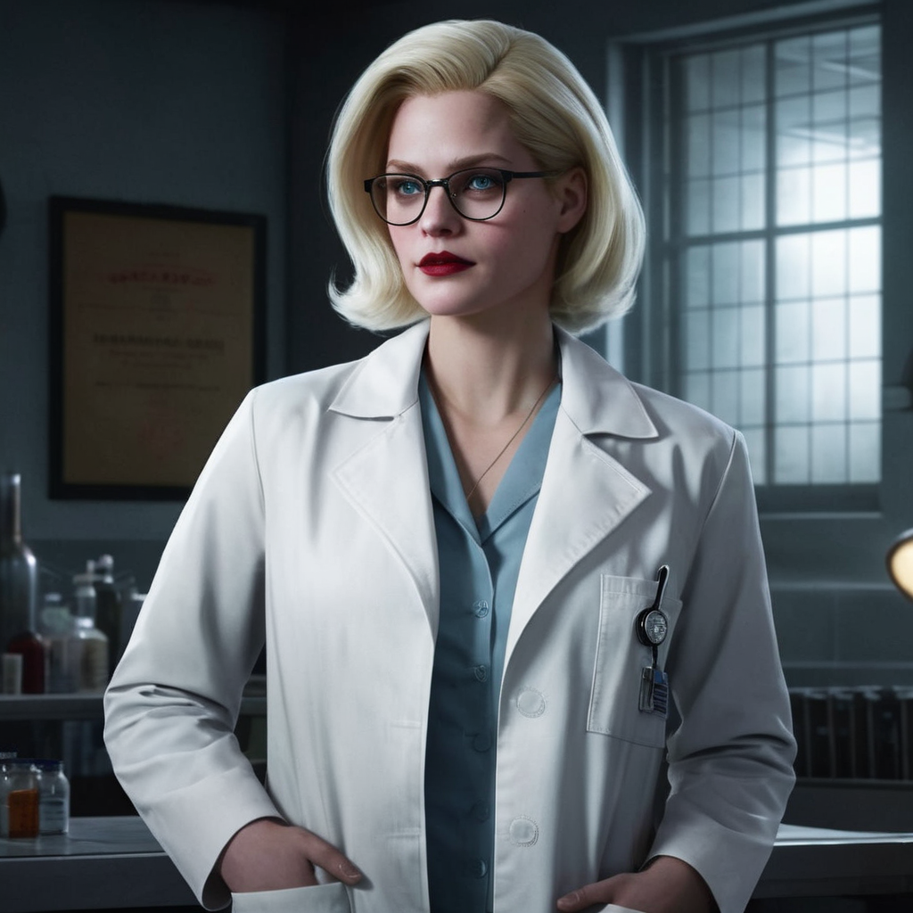 Hyperrealistic art of  <lora:Harleen Quinzel:1>
Harleen Quinzel a blonde psychiatrist woman with glasses and a white laboratory coat inside Arkham asylum In Gotham City Universe, Extremely high-resolution details, photographic, realism pushed to extreme, fine texture, incredibly lifelike