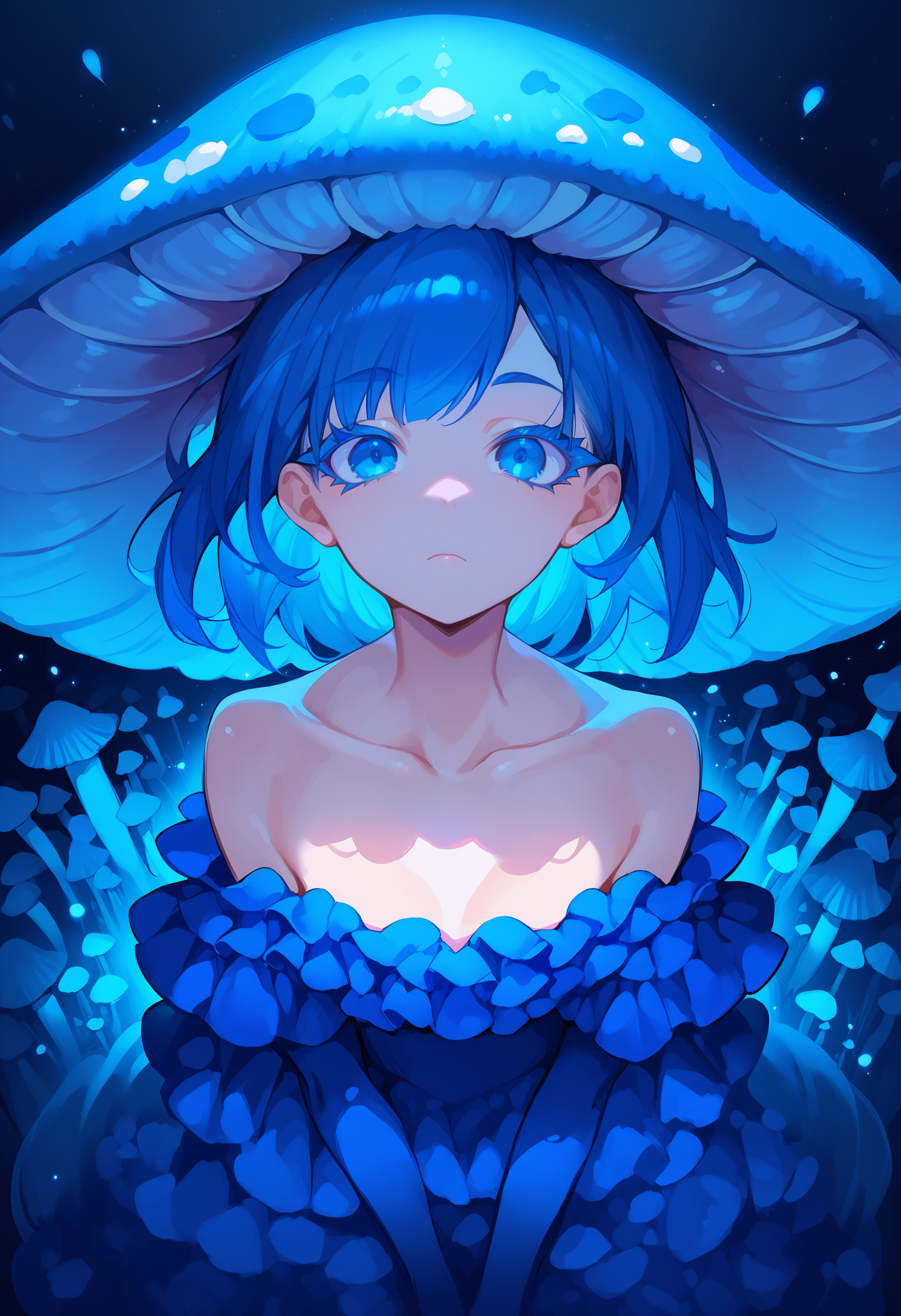 score_9, score_8_up, score_7_up, score_6_up, source anime,
mushroom girl, 1girl, bare shoulders, blue theme, jirai kei, colored eyelashes,
blue eyes, looking at viewer, closed mouth,
collarbone, facing viewer, light particles, mushroom, mushroom hat, personification, solo,
from above ,
close-up,
<lora:monmusu_plant_girl_v11:1>