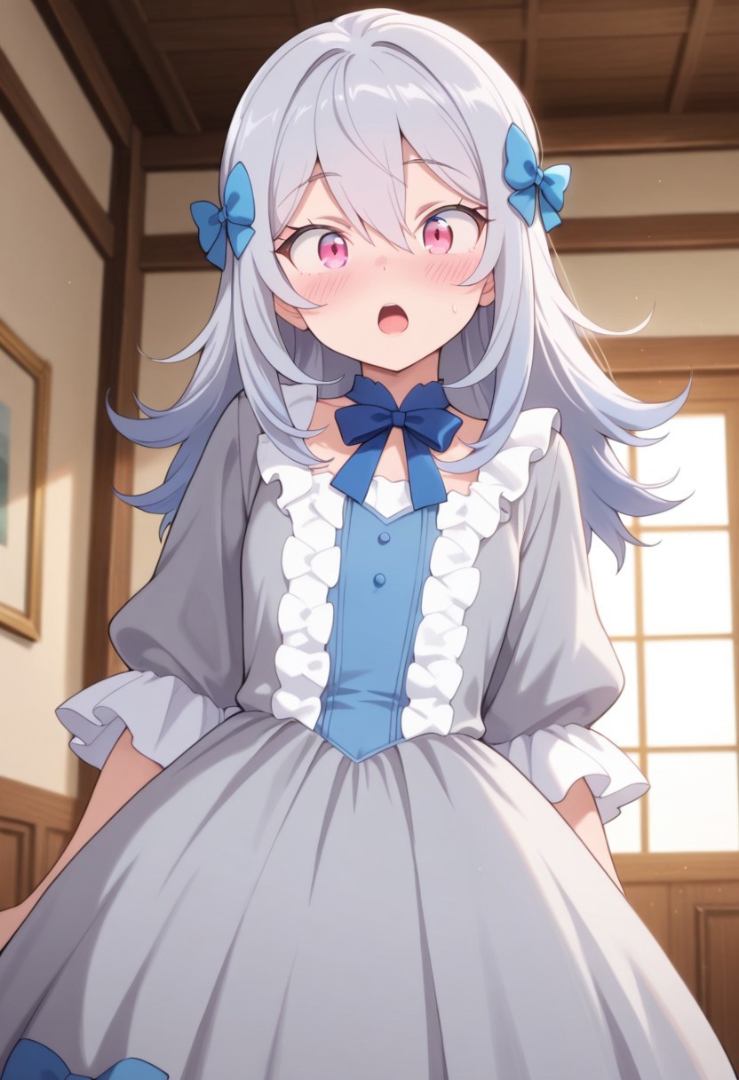 masterpiece,best quality,amazing quality, reine von silford, blue-grey hair, long hair, pink eyes, 1girl, bow, solo, open mouth, blue bow, hair bow, blush, dress, hair between eyes, indoors
