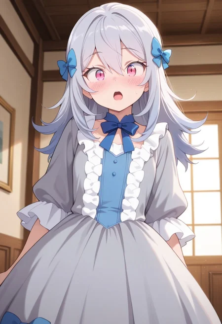 masterpiece,best quality,amazing quality, reine von silford, blue-grey hair, long hair, pink eyes, 1girl, bow, solo, open mouth, blue bow, hair bow, blush, dress, hair between eyes, indoors