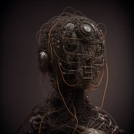 photo exposed wires, exposed motors, a robot with a human like face (TrueAssistant style:1) <lora:djzTrueAssistant:0.8)