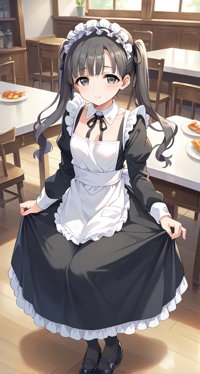score_9,score_8_up,score_7_up,
official art,official style,game cg,megami magazine,
uncensored,
1girl,
kbykwse miyabinigohoushi,kobayakawa sae,black eyes,black hair,
dress,long hair,alternate costume,apron,black dress,black footwear,black ribbon,
blush,collarbone,detached collar,enmaided,frilled hairband,frills,hairband,
long sleeves,maid,neck ribbon,ribbon,sidelocks,twintails,white apron,
<lora:idolmaster_kobayakawa_sae_pony_v1:1>,